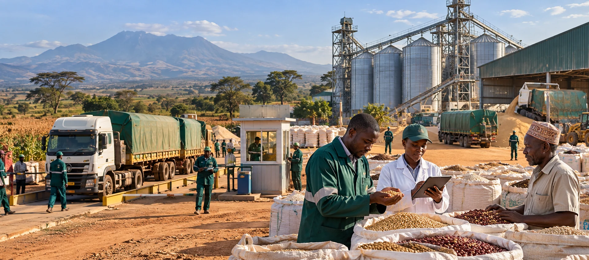 Grain aggregation team working with suppliers at a Tanzanian receiving and logistics site