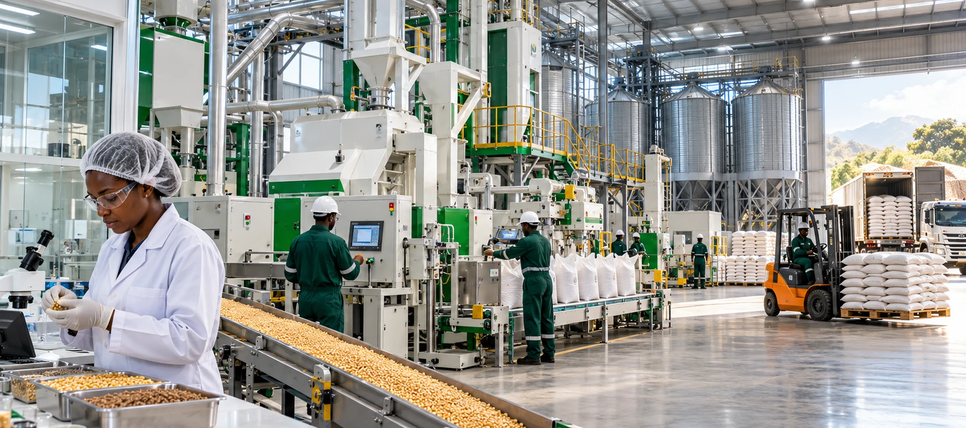 Controlled grain processing and laboratory quality monitoring in a modern facility