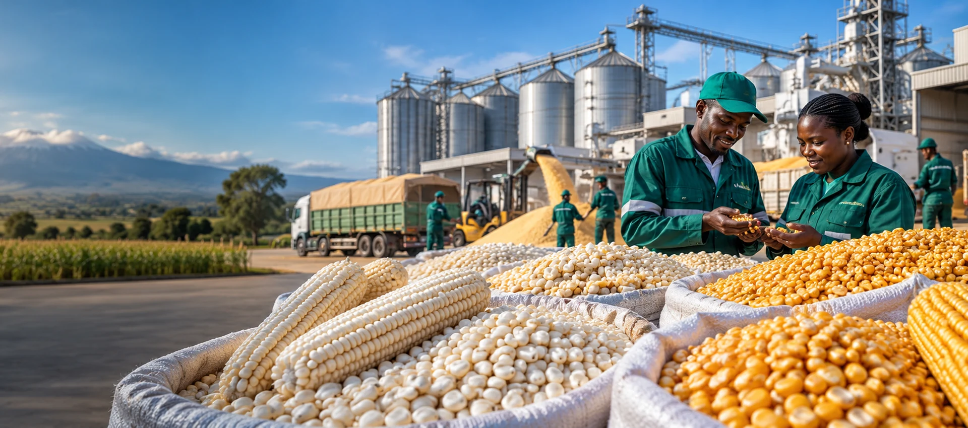 White and yellow maize inspected beside a grain processing and storage facility