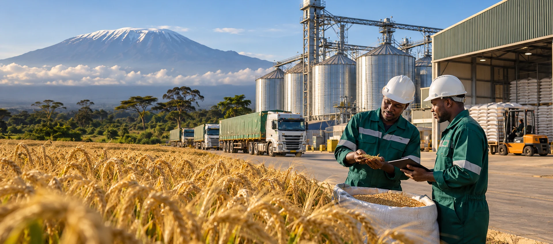 Barley origin and industrial grain handling operation with silos and delivery vehicles